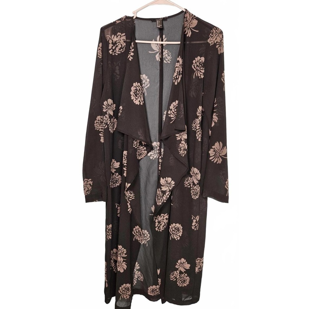 Forever 21 Floral Sheer Duster Cardigan Long Sleeve Open Front Black Pink Large